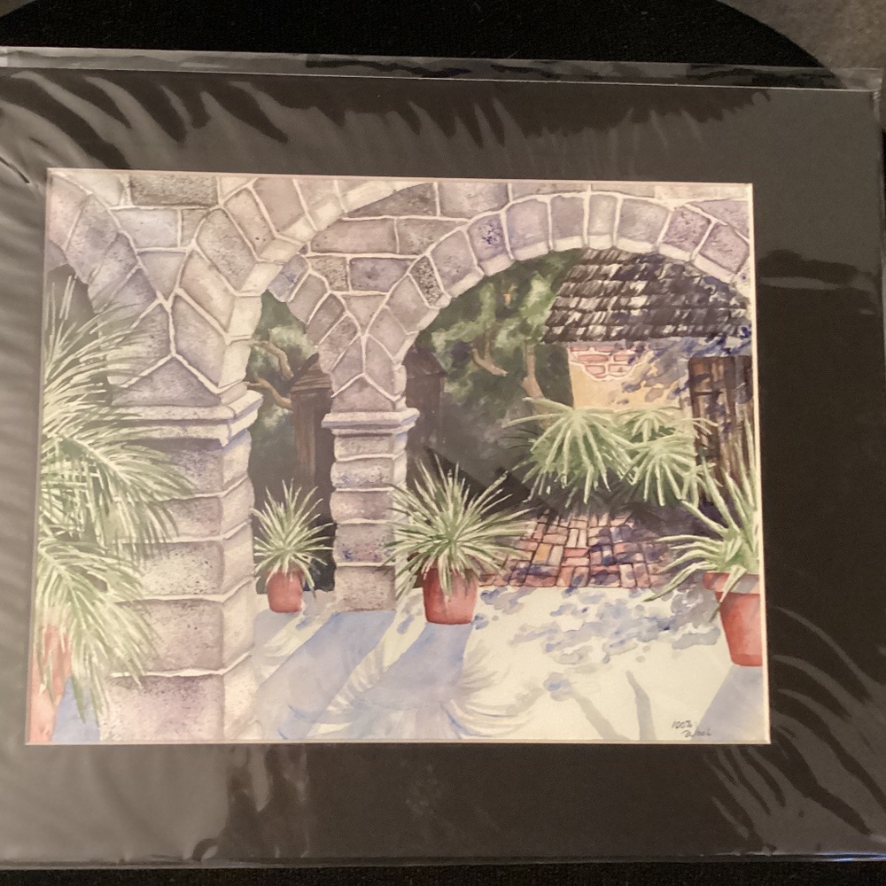 Watercolor of stone arch walkway